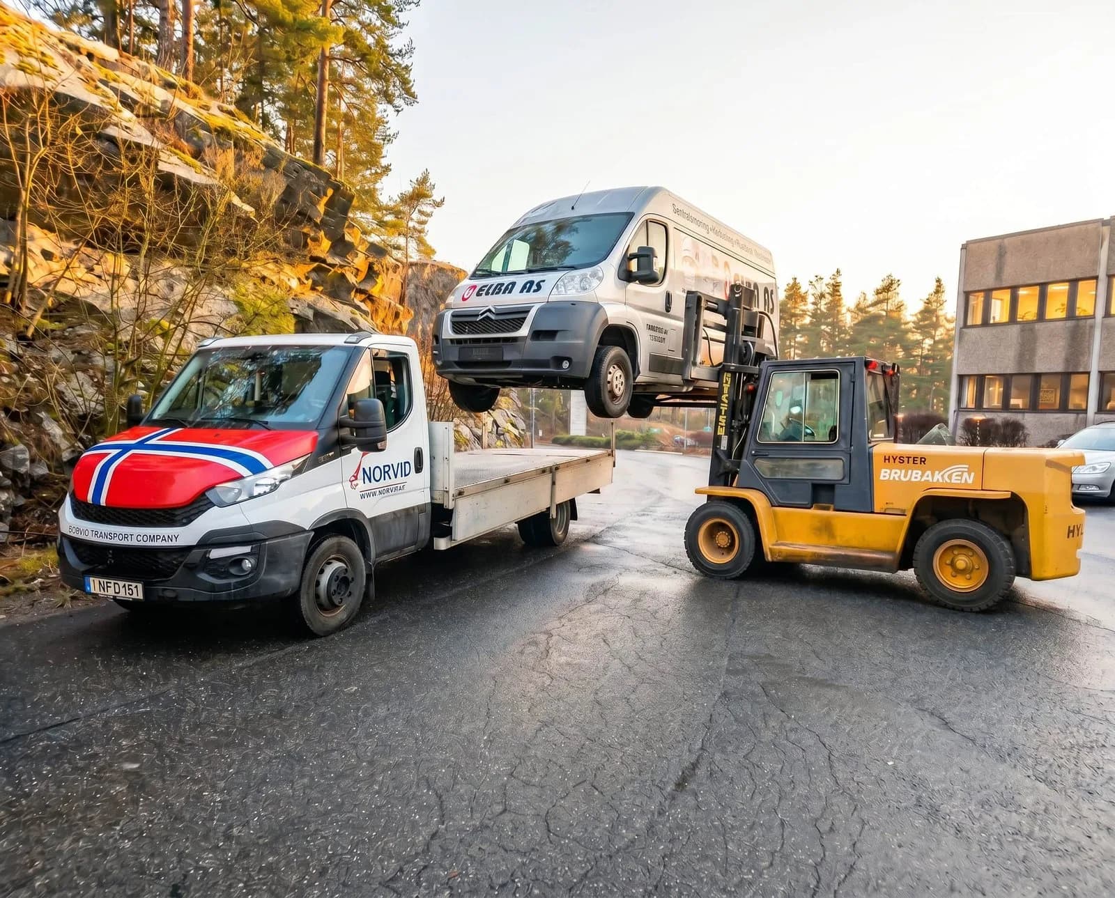 NORVID autovežis su automobiliu ir krautuvu Norvegijoje